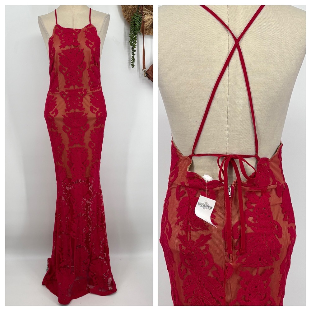 NWT Latiste Lace Overlay Mermaid Maxi Dress Red Medium Formal Event Prom Holiday